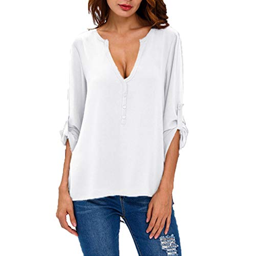 WARMWORD Las Mujeres Ocasionales Manga Larga Boton De La Gasa Cuello En V Dobladillo Irregular De Decoracion Camisas Tapas Moda Camisa Mujer Color Puro Tops de Mujer Blusa