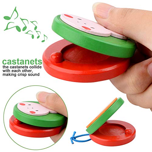 Warooma - 6 castañuelas de dedo de madera coloridas con patrón de dibujos animados hechas a mano para instrumentos musicales y ritmo, juguete de educación temprana para bebés y niños