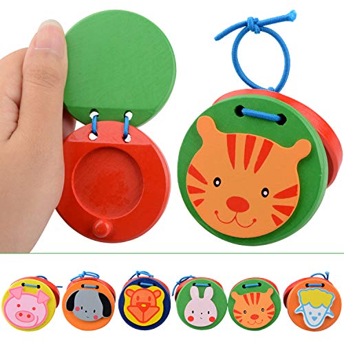 Warooma - 6 castañuelas de dedo de madera coloridas con patrón de dibujos animados hechas a mano para instrumentos musicales y ritmo, juguete de educación temprana para bebés y niños