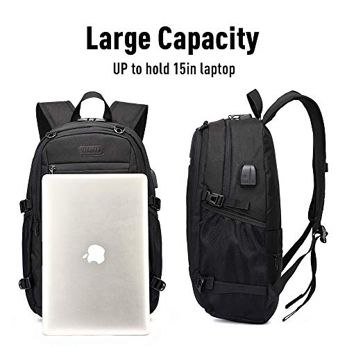 WAWJ Mochila antirrobo Impermeable, Mochila para Portátil Multiusos Daypacks con Puerto de Carga USB y Toma de Auriculares Mochila con la Red de Baloncesto (Negro)