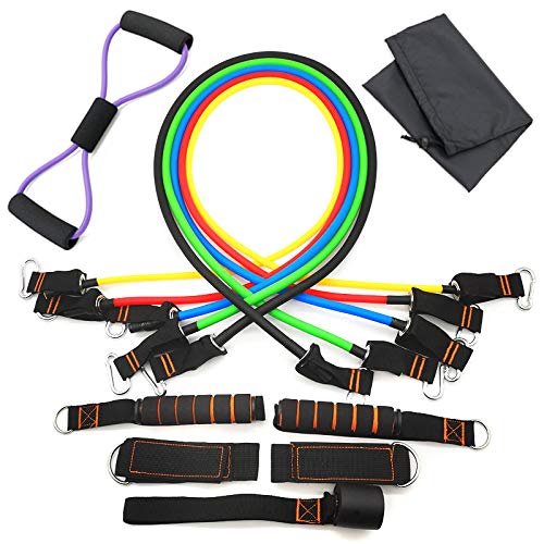 WAZA 12PCS Sistema de Entrenamiento de Ejercicios de Fitness con 5 Banda de Resistencia Elásticas, Mango, Anclaje para Puerta, Correas de Tobillo Máquinas de Ejercicio en Casa para Construir Músculo WAZA 12PCS Sistema de Entrenamiento de Ejercicios de Fitness con 5 Banda de Resistencia Elásticas, Mango, Anclaje para Puerta, Correas de Tobillo Máquinas de Ejercicio en Casa para Construir Músculo