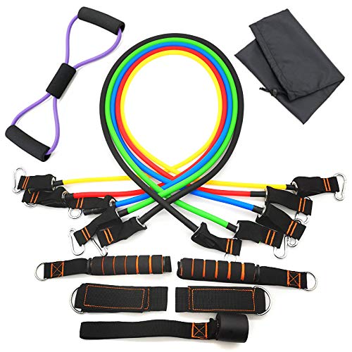 WAZA 12PCS Sistema de Entrenamiento de Ejercicios de Fitness con 5 Banda de Resistencia Elásticas, Mango, Anclaje para Puerta, Correas de Tobillo Máquinas de Ejercicio en Casa para Construir Músculo