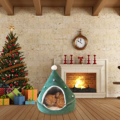 WBTY Casa de gato para árbol de Navidad, lindo nido de triángulo para mascotas cálido perro perro perro casero suave cama mascota suministros para invierno gris (35 x 35 x 45 cm)