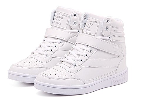 Wealsex Zapatillas de Cuña para Mujer Botas Botines Alta Zapatos Deportivos Oculto Talón Altura 3.5cm Interior Sneakers Blanco 38