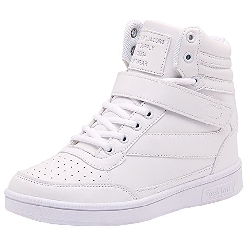 Wealsex Zapatillas de Cuña para Mujer Botas Botines Alta Zapatos Deportivos Oculto Talón Altura 3.5cm Interior Sneakers Blanco 38