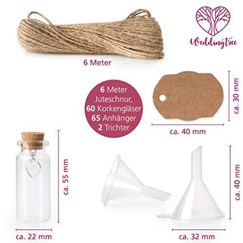 WeddingTree 60 x 11ml Tubos de Ensayo con Tapón de Corcho para Bodas - Set de Frascos con Corcho y Llavero de Corazón Invitados Bodas, Decoración, Frasco para Especias