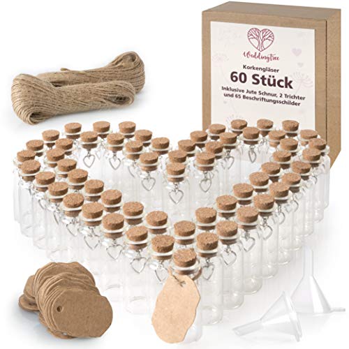 WeddingTree 60 x 11ml Tubos de Ensayo con Tapón de Corcho para Bodas - Set de Frascos con Corcho y Llavero de Corazón Invitados Bodas, Decoración, Frasco para Especias