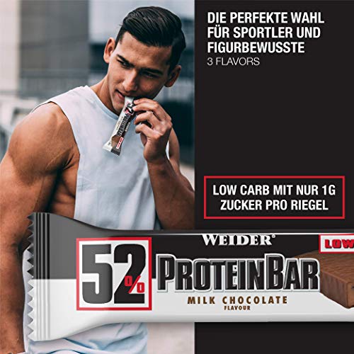 Weider 52% Barritas de Proteínas Cacahuete Caramelo - 50 gr. Barrita con 52% de proteína. Baja cantidad de azúcares.