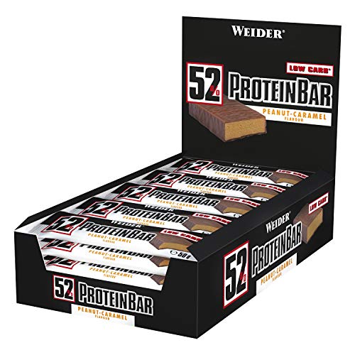 Weider 52% Barritas de Proteínas Cacahuete Caramelo - 50 gr. Barrita con 52% de proteína. Baja cantidad de azúcares.