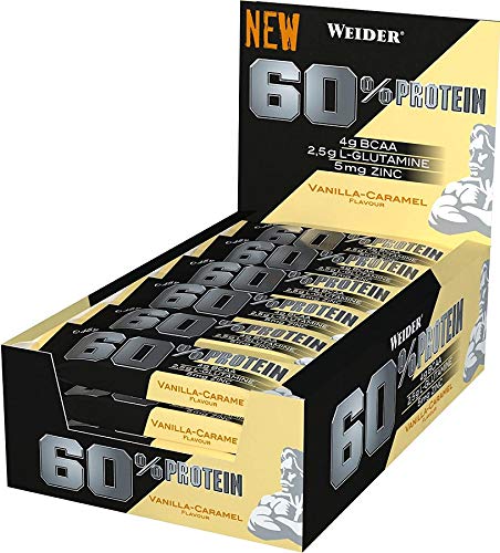 Weider 60% Barras de proteína Paquete de 24 Barras x 45 g, 27 Gramos de proteína por Barra, Vainilla y Caramelo