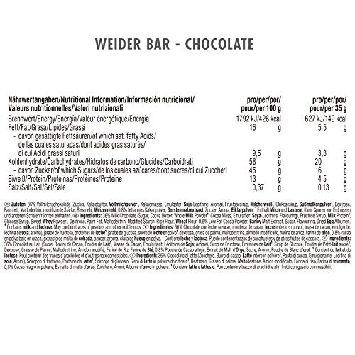 Weider Barrita de Proteína sabor Chocolate. Óptima mezcla de hidratos de carbono, proteínas y vitaminas para un abastecimiento de energía rápido y equilibrado (24 x 35 g)