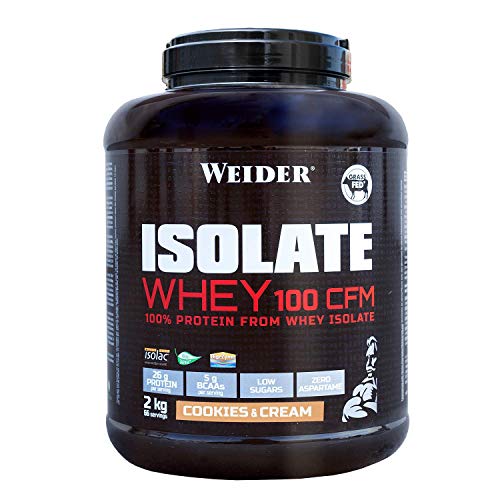 Weider Isolate Whey 100CFM 2000 gr Cookies. 100% aislado de proteina de suero. Cero azúcar, cero aspartamo, con stevia, con dygezime, con BCAA, apto para veganos. Isolac. Para dietas keto.