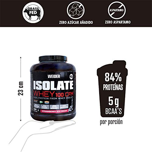 Weider Isolate Whey 100CFM 908gr Sabor Fresa. 100% aislado de proteina de suero. Cero azúcar, cero aspartamo, con stevia, con dygezime, con BCAA, apto para veganos. Isolac. Para dietas keto.