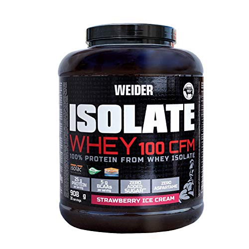 Weider Isolate Whey 100CFM 908gr Sabor Fresa. 100% aislado de proteina de suero. Cero azúcar, cero aspartamo, con stevia, con dygezime, con BCAA, apto para veganos. Isolac. Para dietas keto.