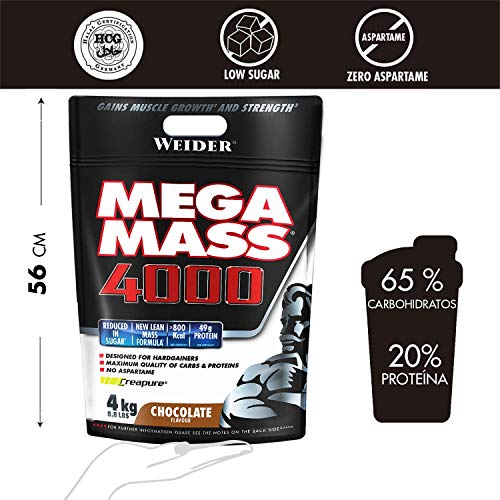 Weider Mega Mass 4000 Sabor Chocolate (4000 g). 69% de hidratos.Enriquecido con Vitaminas y Minerales. Con menos azúcares Weider Mega Mass 4000 Sabor Chocolate (4000 g). 69% de hidratos.Enriquecido con Vitaminas y Minerales. Con menos azúcares