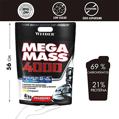 Weider Mega Mass 4000 Sabor Fresa (4000 g). 69% de hidratos.Enriquecido con Vitaminas y Minerales. Con menos azúcares Weider Mega Mass 4000 Sabor Fresa (4000 g). 69% de hidratos.Enriquecido con Vitaminas y Minerales. Con menos azúcares