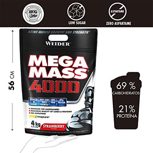 Weider Mega Mass 4000 Sabor Fresa (4000 g). 69% de hidratos.Enriquecido con Vitaminas y Minerales. Con menos azúcares