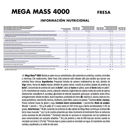 Weider Mega Mass 4000 Sabor Fresa (4000 g). 69% de hidratos.Enriquecido con Vitaminas y Minerales. Con menos azúcares