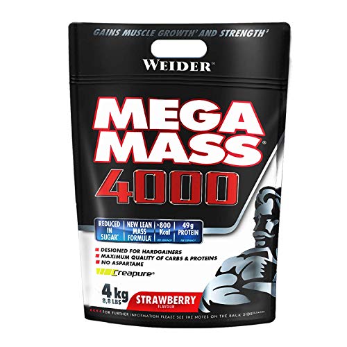 Weider Mega Mass 4000 Sabor Fresa (4000 g). 69% de hidratos.Enriquecido con Vitaminas y Minerales. Con menos azúcares Weider Mega Mass 4000 Sabor Fresa (4000 g). 69% de hidratos.Enriquecido con Vitaminas y Minerales. Con menos azúcares