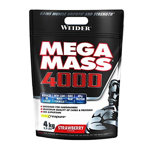 Weider Mega Mass 4000 Sabor Fresa (4000 g). 69% de hidratos.Enriquecido con Vitaminas y Minerales. Con menos azúcares