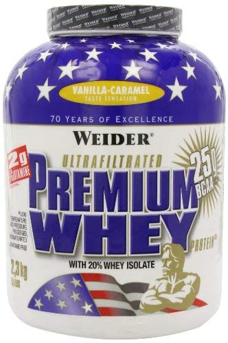 Weider Premium Whey, CFM, 2g de L-Glutamina por toma. Sabor Vainilla-Caramelo - 2300 gr