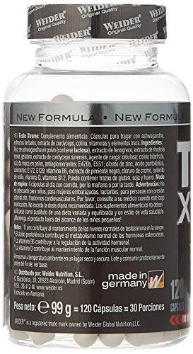 Weider Testo Xtreme. Incrementa los niveles de energía, fuerza y resistencia. Contiene Ashwagandha, Extracto de Fenogreco y Maca (120 Caps)