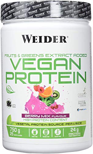 Weider Vegan Protein, Sabor Frutos Rojos, Proteína 100% vegetal de guisantes (PISANE) y arroz, Sin gluten, Sin lactosa, Sin aceite de palma (750 g)