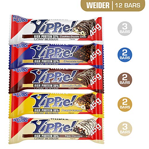 Weider Yippie Bar. Barrita de Proteína 36%. Bajo contenido en Carbohidratos y Azúcares. Sabores variados (12x45 g)