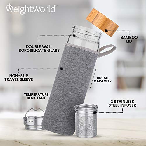 WeightWorld Botella Termo para Infusiones de Té con Filtro de Agua | 500ml de Té | Doble Capa de Vidrio con Tapa de Bambú | Diseño Hermético Portátil Sin BPA | para su Dieta Detox Adelgazante