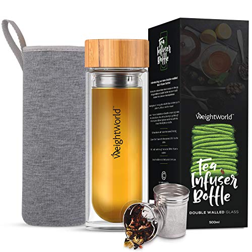 WeightWorld Botella Termo para Infusiones de Té con Filtro de Agua | 500ml de Té | Doble Capa de Vidrio con Tapa de Bambú | Diseño Hermético Portátil Sin BPA | para su Dieta Detox Adelgazante