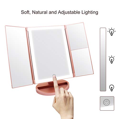 WEILY Espejo de Maquillaje, 1x / 2X / 3X Magnificación Triple Espejo Plegable Lámpara LED con 36 Luces LED Pantalla táctil y Carga USB Rotación de 180 Grados con mostrador (Oro Rosa) WEILY Espejo de Maquillaje, 1x / 2X / 3X Magnificación Triple Espejo Plegable Lámpara LED con 36 Luces LED Pantalla táctil y Carga USB Rotación de 180 Grados con mostrador (Oro Rosa)