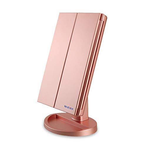 WEILY Espejo de Maquillaje, 1x / 2X / 3X Magnificación Triple Espejo Plegable Lámpara LED con 36 Luces LED Pantalla táctil y Carga USB Rotación de 180 Grados con mostrador (Oro Rosa) WEILY Espejo de Maquillaje, 1x / 2X / 3X Magnificación Triple Espejo Plegable Lámpara LED con 36 Luces LED Pantalla táctil y Carga USB Rotación de 180 Grados con mostrador (Oro Rosa)
