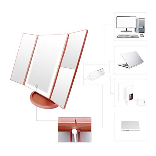WEILY Espejo de Maquillaje, 1x / 2X / 3X Magnificación Triple Espejo Plegable Lámpara LED con 36 Luces LED Pantalla táctil y Carga USB Rotación de 180 Grados con mostrador (Oro Rosa) WEILY Espejo de Maquillaje, 1x / 2X / 3X Magnificación Triple Espejo Plegable Lámpara LED con 36 Luces LED Pantalla táctil y Carga USB Rotación de 180 Grados con mostrador (Oro Rosa)
