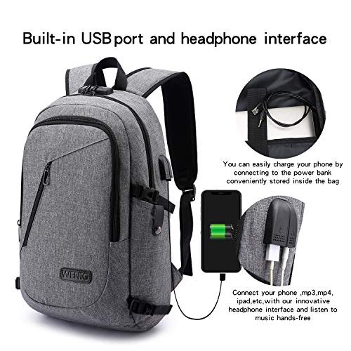 WENIG Mochila Antirrobo Impermeable,Mochila Portatil 15.6 Pulgadas Mochila Hombre con Puerto de Carga USB,Mochila Backpack para el Laptop para Ordenador del Negocio Trabajo Diario Viaje-Gris