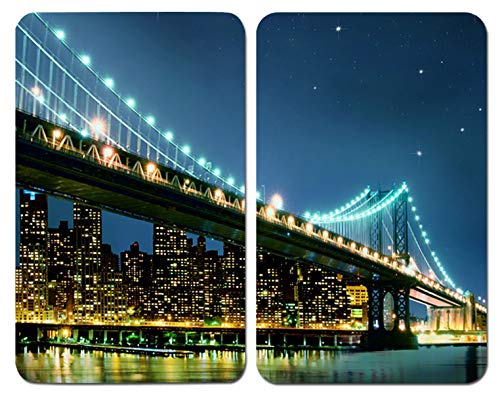 WENKO Placas cobertoras de vidrio universales Brooklyn Bridge, juego de 2 piezas para todos los tipos de cocinas, Vidrio endurecido, 30 x 52 cm, Multicolor