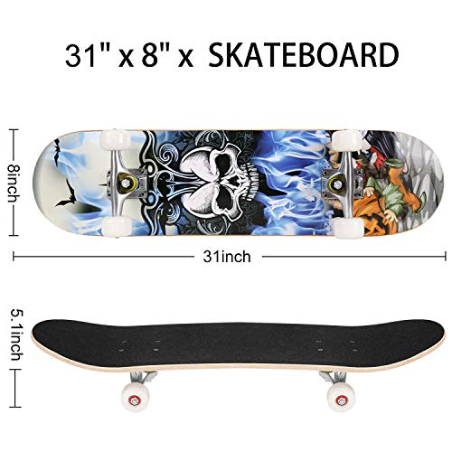WeSkate Completo Skateboard 31"x8" 7 Capas Monopatín de Madera de Arce Skateboards con rodamientos ABEC-7 de 7 para Principiantes Niñas Niños Adolescentes Adultos