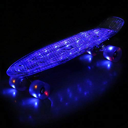 WeSkate Cruiser - Monopatín completo Mini Skateboard de 55 cm, Penny Board con ruedas LED de poliuretano, rodamientos ABEC-7, ideal como regalo para niños, adolescentes y adultos, azul y blanco.