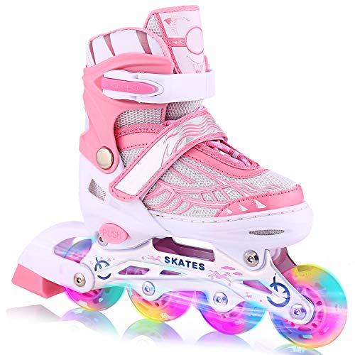 WeSkate Patines en Línea para Niños con Ruedas Luminosas Inline Skates/Rollerblade de Malla Transpirable para Niñas y Niños Tamaño 31-42(Rosa, Azul)