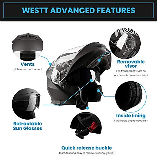 Westt - Casco Moto Modular Integral con Doble Visera Torque X, Para Motocicleta Scooter, Color Negro Mate, Talla XL (61cm)