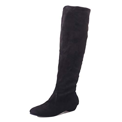 WggWy Botas Altas del Muslo de Las Mujeres, Botines de la Moda de Gamuza de la Rodilla de Las Mujeres Super Mucho Tiempo sobre Las Botas de la Rodilla de la Primavera Plana y el otoño,Negro,38