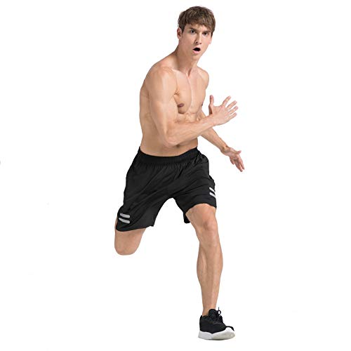 WHCREAT Shorts Deportivos para Hombre, Shorts Casuales de Gimnasio de Entrenamiento de Secado Rápido con Bolsillo con Cremallera, Negro M