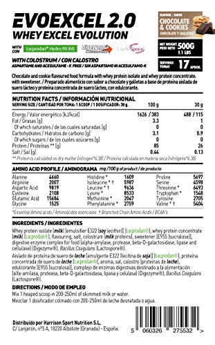 Whey Protein Isolate + Concentrate de HSN Evoexcel 2.0 | Batido de Proteínas con Enzimas Digestivas + Probióticos + Calostro | Vegetariano, Sabor Chocolate Galletas, 500g