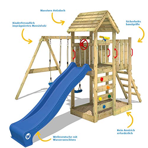 WICKEY Parque infantil de madera MultiFlyer con columpio y tobogán verde, Torre de escalada de exterior con techo, arenero y escalera para niños