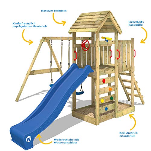 WICKEY Parque infantil de madera MultiFlyer con columpio y tobogán verde, Torre de escalada de exterior con techo, arenero y escalera para niños WICKEY Parque infantil de madera MultiFlyer con columpio y tobogán verde, Torre de escalada de exterior con techo, arenero y escalera para niños