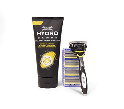 Wilkinson Sword Hydro 5 Sense Washbag Set - Pack de maquinilla de afeitar de 5 hojas para hombre + 4 recambios de cuchillas + crema de afeitar Hidratante y anti Irritación + neceser Exclusivo Wilkinson Sword Hydro 5 Sense Washbag Set - Pack de maquinilla de afeitar de 5 hojas para hombre + 4 recambios de cuchillas + crema de afeitar Hidratante y anti Irritación + neceser Exclusivo