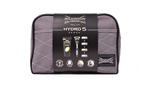Wilkinson Sword Hydro 5 Sense Washbag Set - Pack de maquinilla de afeitar de 5 hojas para hombre + 4 recambios de cuchillas + crema de afeitar Hidratante y anti Irritación + neceser Exclusivo
