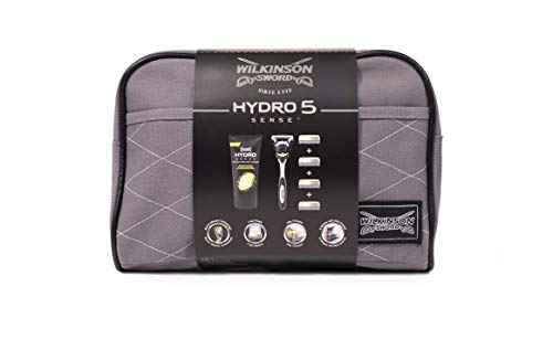 Wilkinson Sword Hydro 5 Sense Washbag Set - Pack de maquinilla de afeitar de 5 hojas para hombre + 4 recambios de cuchillas + crema de afeitar Hidratante y anti Irritación + neceser Exclusivo Wilkinson Sword Hydro 5 Sense Washbag Set - Pack de maquinilla de afeitar de 5 hojas para hombre + 4 recambios de cuchillas + crema de afeitar Hidratante y anti Irritación + neceser Exclusivo