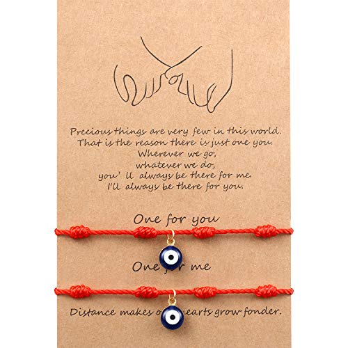 WILLBOND 2 Pulseras a Juego de Distancia Promesa de Amistad Pulsera Hecha a Mano con Significado Regalo para Amigo Pareja Amante, Pulsera de Ojos Malvados con 1 Tarjeta de Deseo