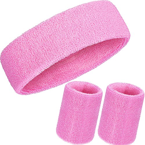 WILLBOND Juego de 3 Piezas de Muñequeras, Incluye Diadema Deportiva y Muñequera de Pulsera de Algodón de Rayas Banda de Sudor para Atléticos Hombres y Mujeres (Rosa)