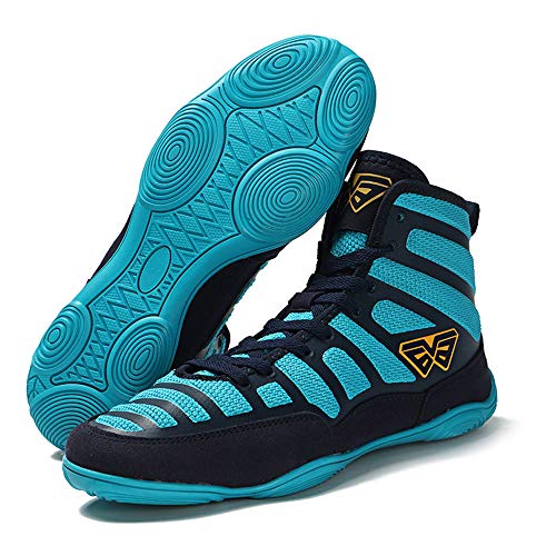 Willsky Hombres Botas De Boxeo, Adultos Lucha Zapatos De Entrenamiento De Combate De Peso Ligero Y Transpirable Suela De Goma Zapatos De Artes Marciales,Azul,42